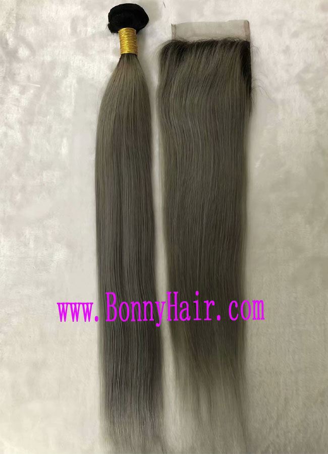 Ombre Color 1B/Grey Lace Closure Virgin Human Remy Hair
